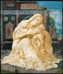Madonna och barn mot de gamla ruinerna